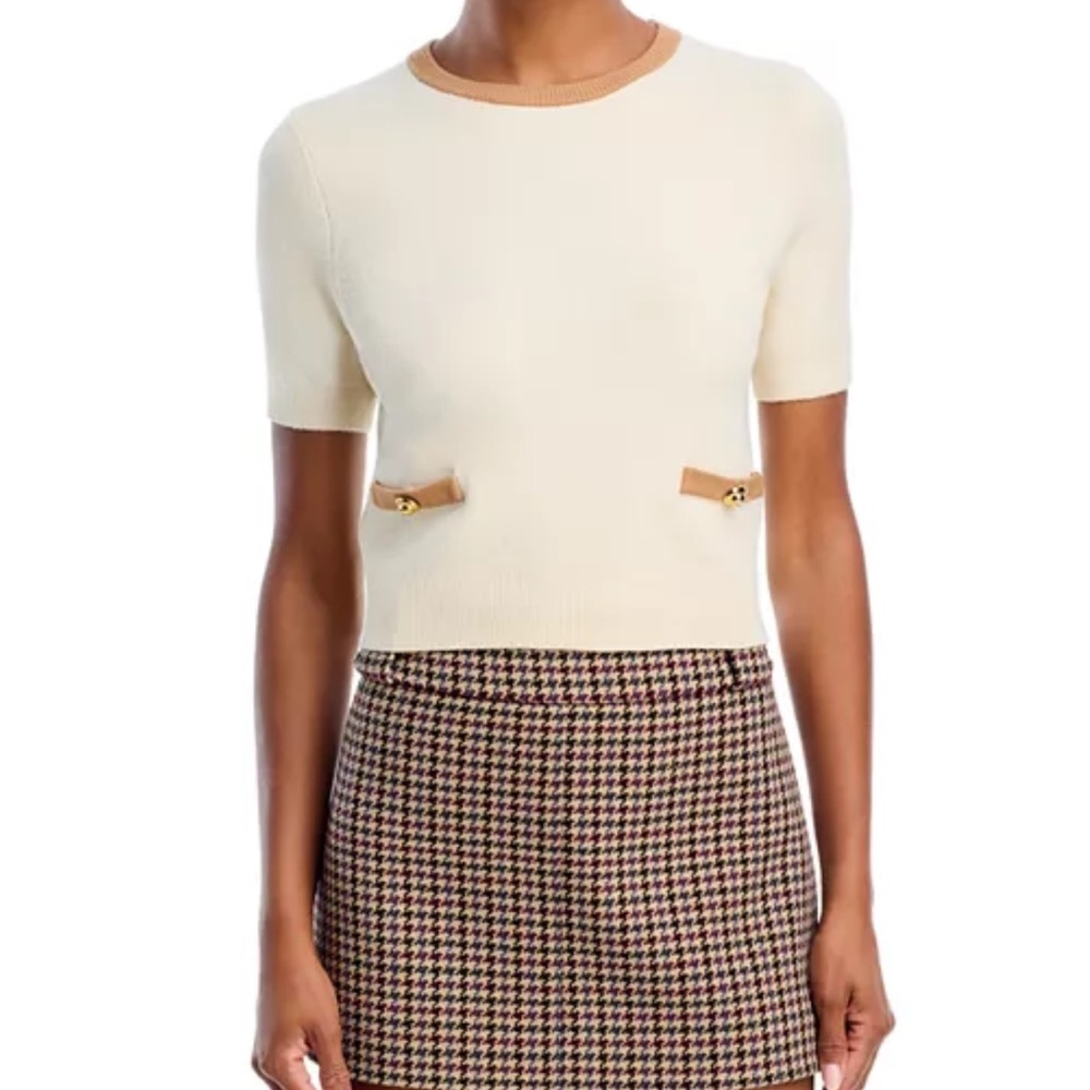 French Connection cream top with tan ribbed collar